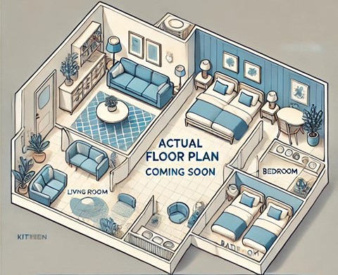 A drawing of a house layout with a living room, kitchen, and bedrooms.